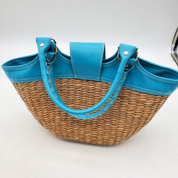 Coldwater Creek straw and blue leather handbag Coldwater Creek - Picture 2 of 8